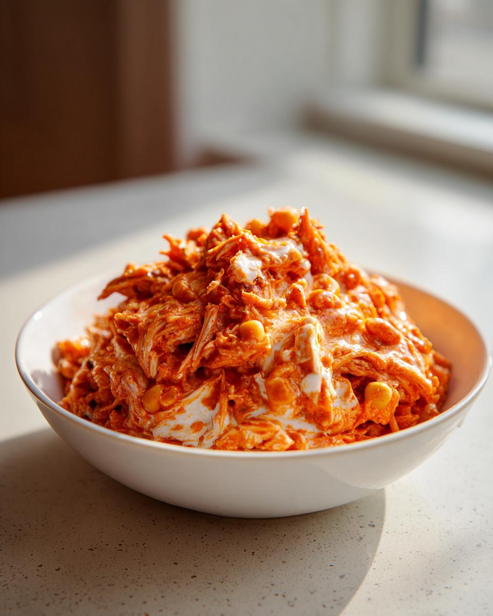 A white bowl filled high with shredded, saucy slow cooker buffalo chicken chili, featuring visible corn kernels and a creamy swirl.