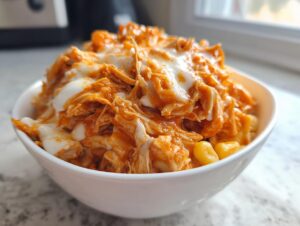 A close-up of shredded chicken coated in orange buffalo sauce, topped with a white drizzle, served in a white bowl, part of the slow cooker buffalo chicken chili.