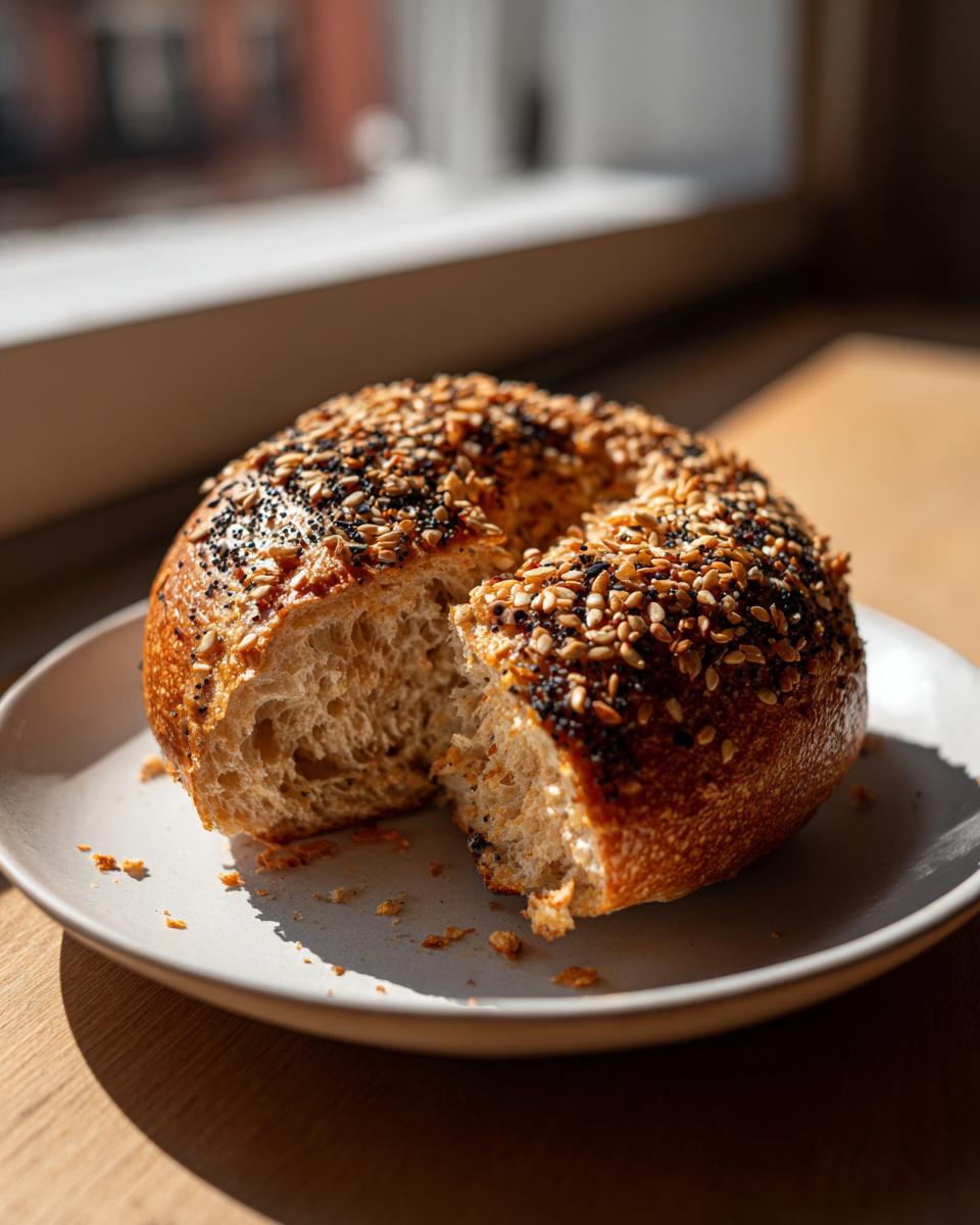 A freshly baked sourdough discard bagel, split open to show the airy interior, covered in everything bagel seasoning.
