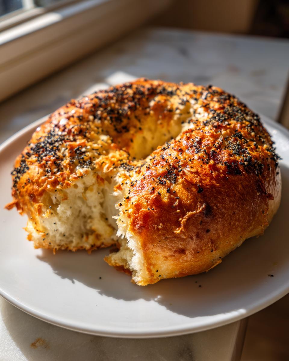 A golden brown sourdough discard bagel, split open to show the fluffy interior, topped with poppy seeds.