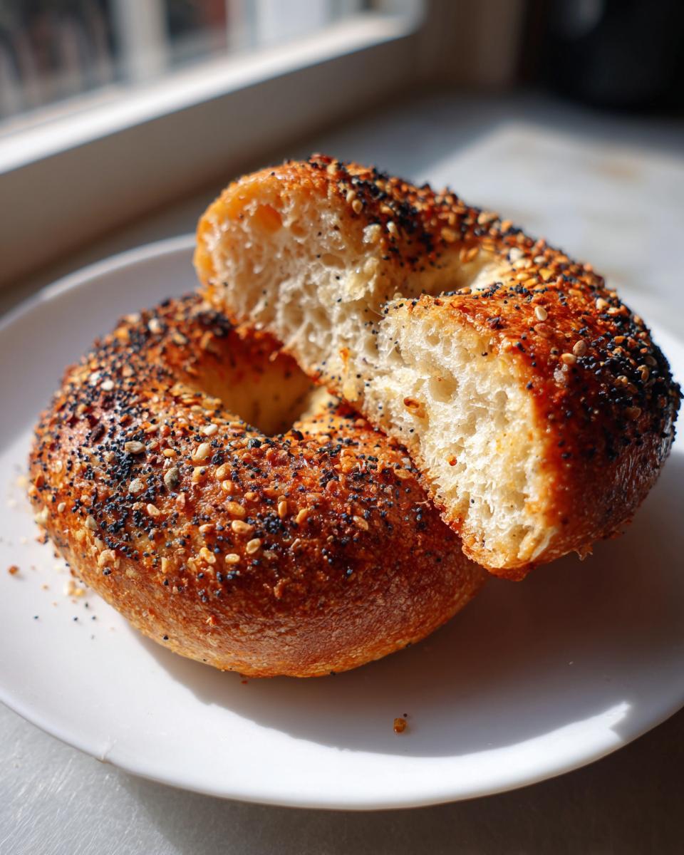 A golden brown everything sourdough discard bagel, cut in half showing the airy interior, resting on a white plate.