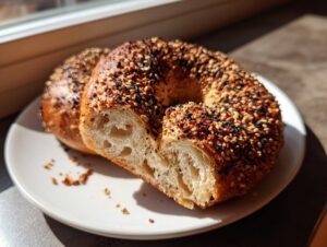 A close-up of a freshly baked sourdough discard bagel, coated in everything seasoning and sliced open to show the airy interior.