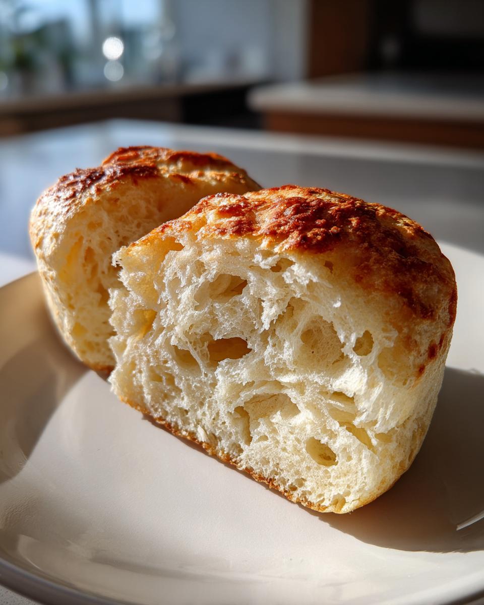 Close-up of a sourdough english muffin cut in half showing the open, airy crumb structure.