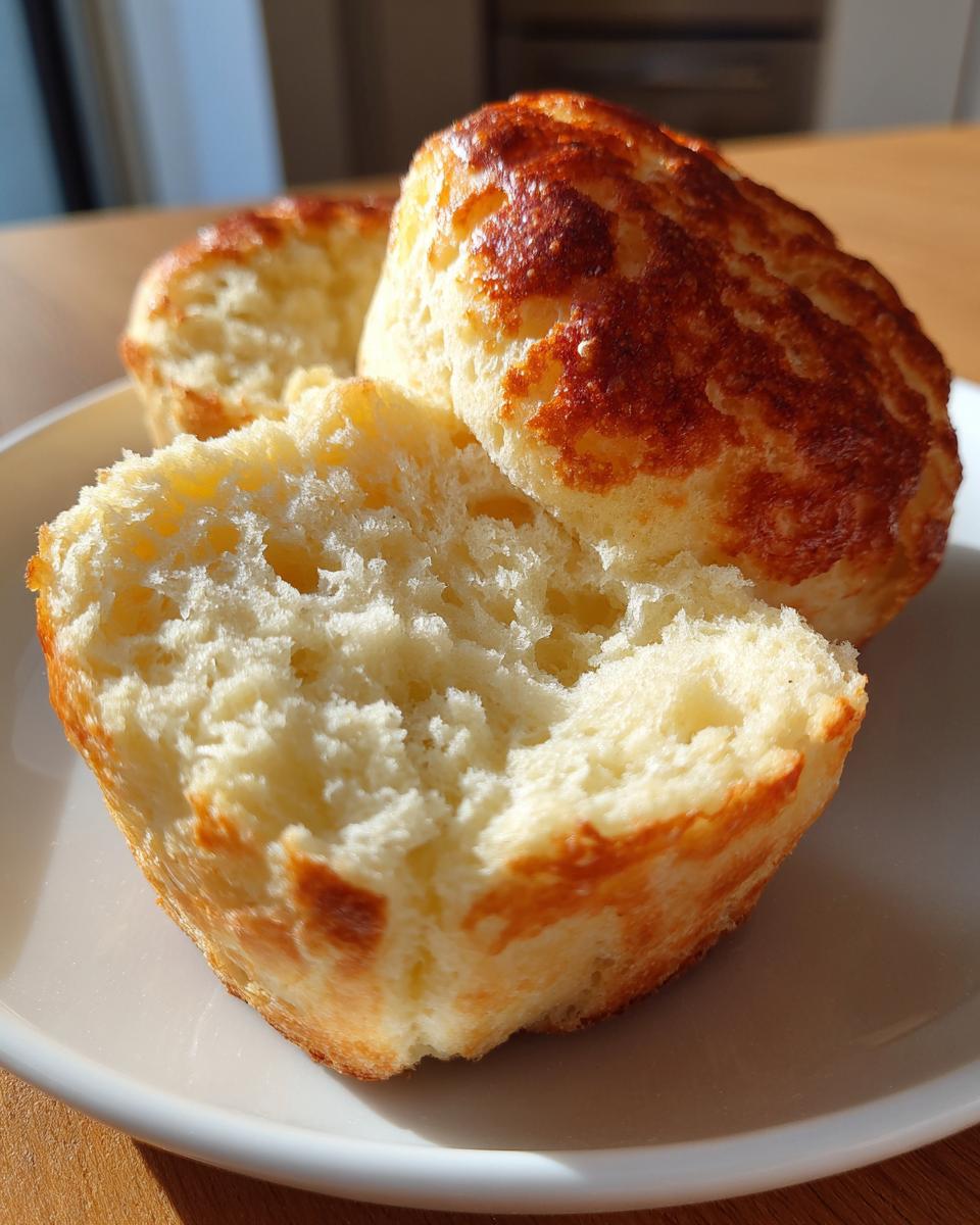 Close-up of freshly baked sourdough english muffins, one split open showing the airy interior texture.