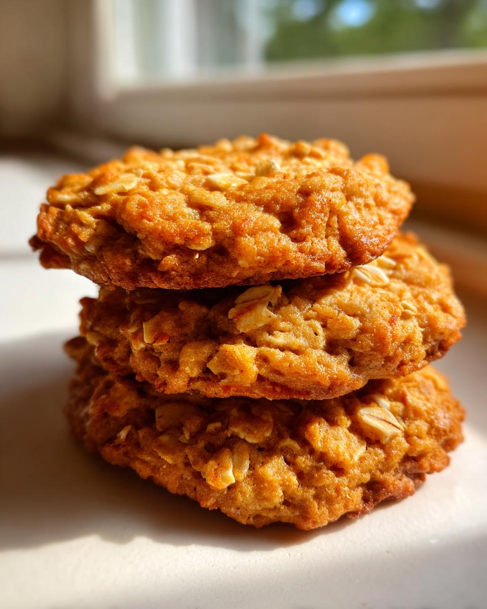 A stack of three golden brown banana oatmeal cookies featuring visible rolled oats, lit by natural sunlight.