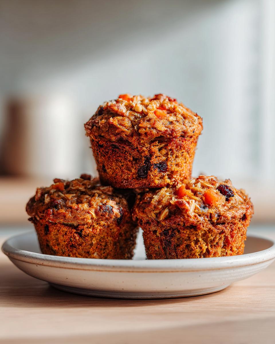 A stack of three moist morning glory muffins featuring visible carrots, oats, and raisins on a small ceramic plate.
