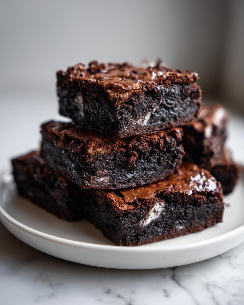A stack of four rich, fudgy oreo brownies with visible white filling pieces on a white plate.