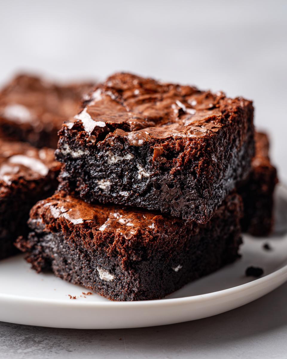 Close-up of two stacked, fudgy oreo brownies showing the shiny top crust and white cookie pieces.