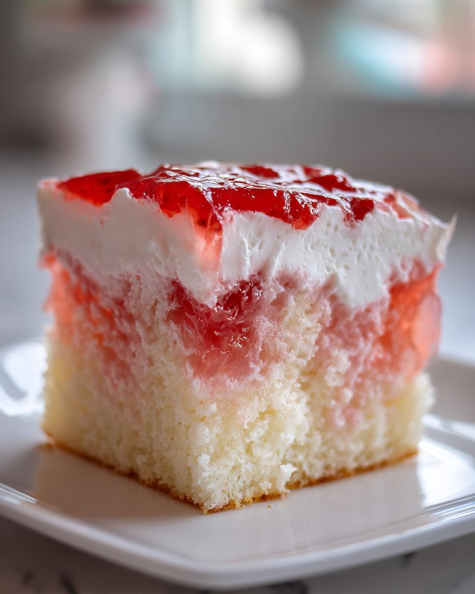 Close-up of a moist slice of strawberry jello poke cake showing the white cake base, soaked red jello, and creamy topping.