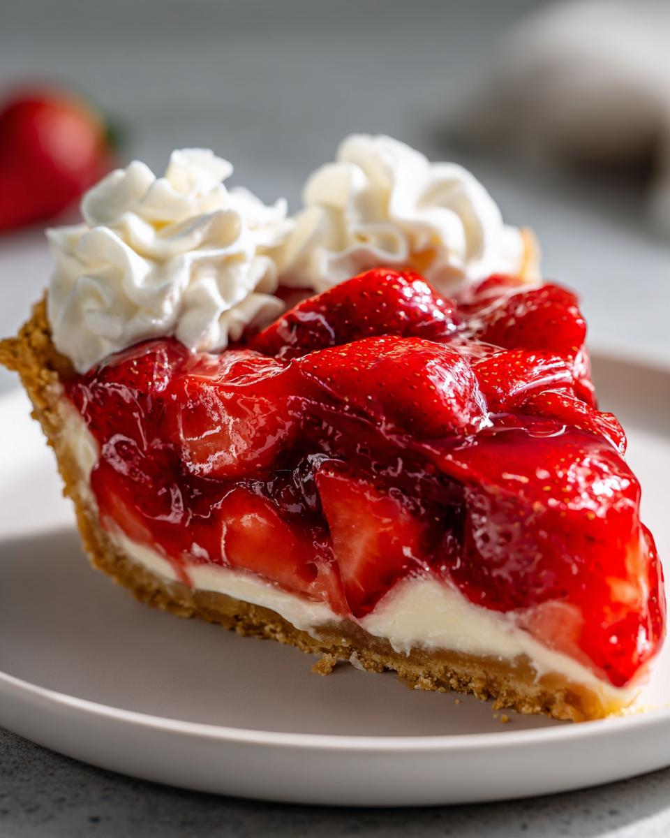 Close-up of a decadent slice of strawberry pie featuring a graham cracker crust, cream layer, and glossy strawberry topping with whipped cream.