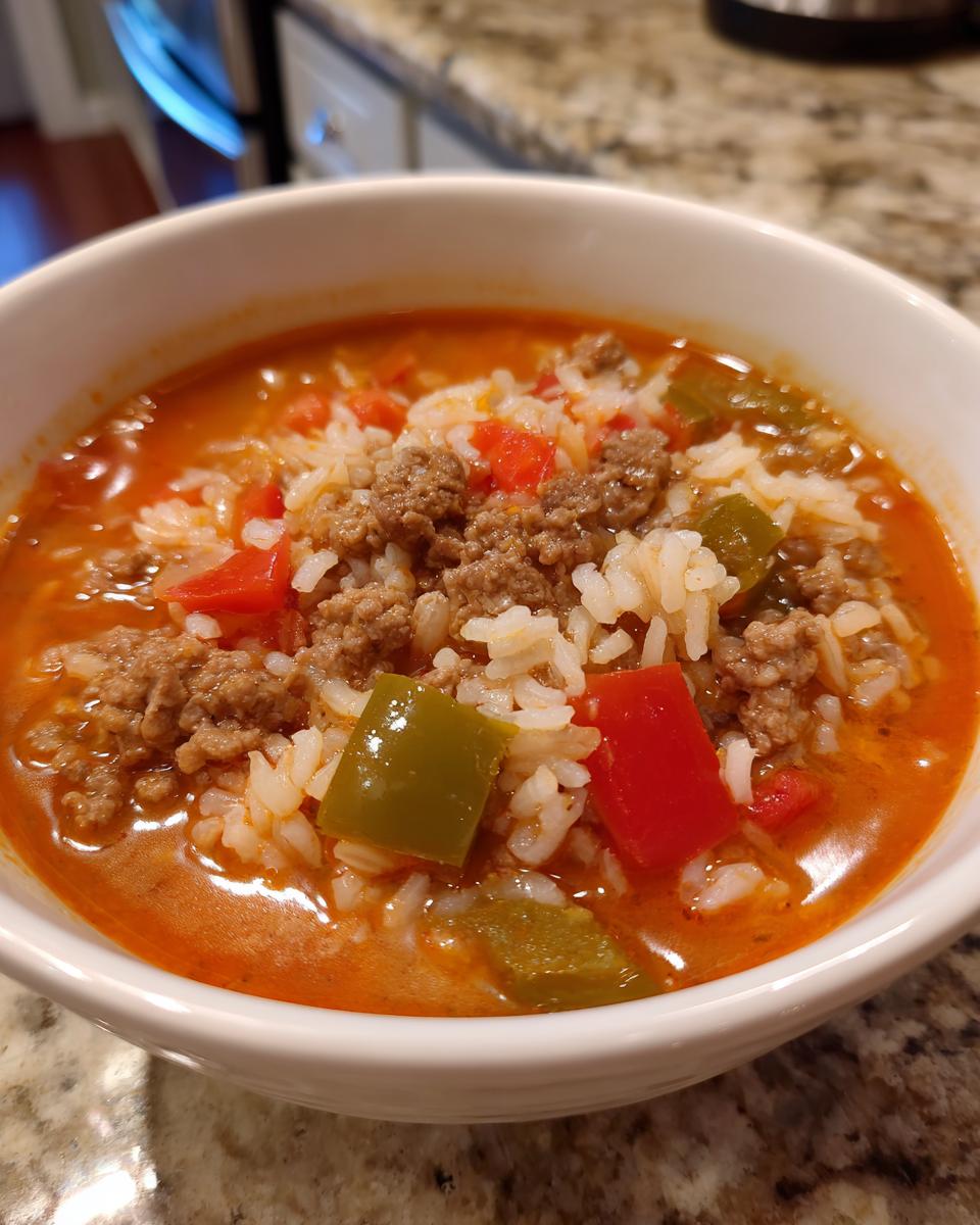 Close-up of a white bowl filled with rich, tomato-based stuffed pepper soup featuring ground beef, rice, and chunks of red and green bell peppers.