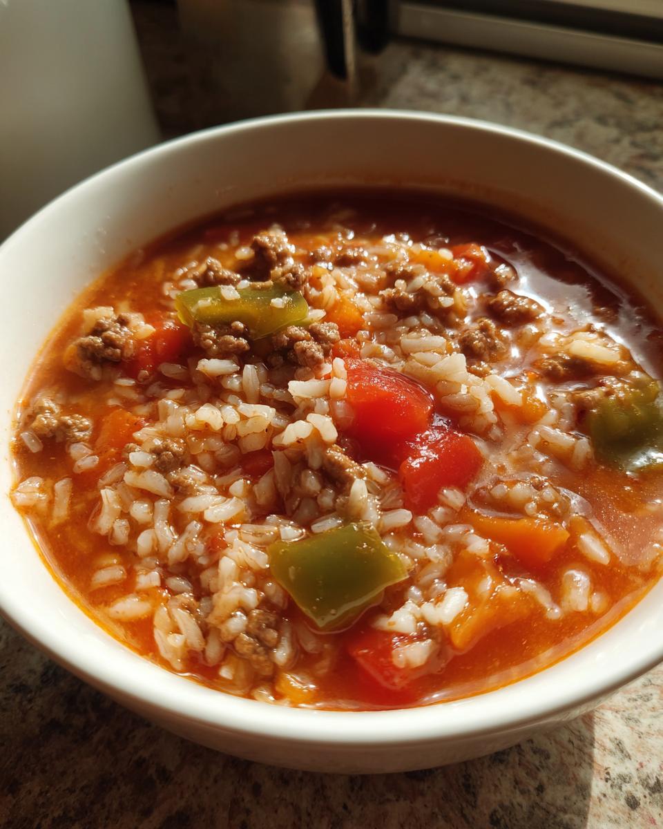 Close-up of a white bowl filled with rich, tomato-based stuffed pepper soup featuring ground beef, white rice, and chunks of green pepper.