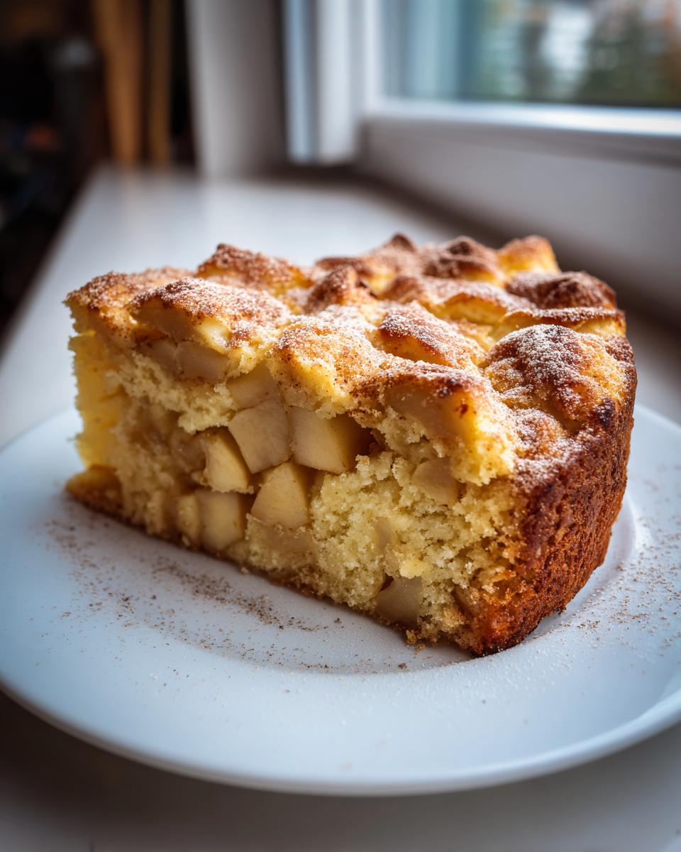 A thick slice of moist Swedish apple cake, packed with apple chunks and topped with cinnamon sugar.
