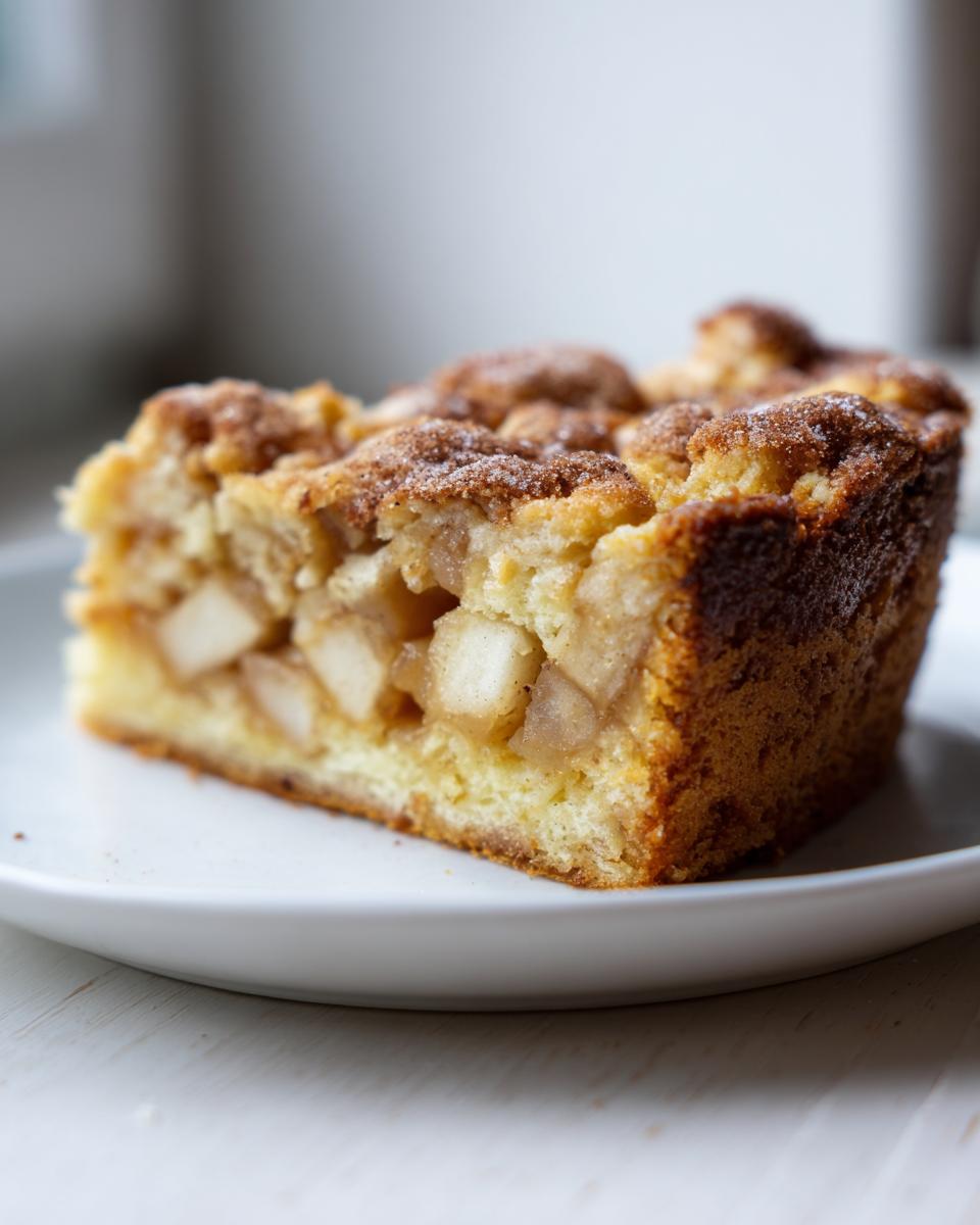 Close-up of a moist slice of Swedish apple cake showing chunks of baked apple and a cinnamon-sugar crumb topping.