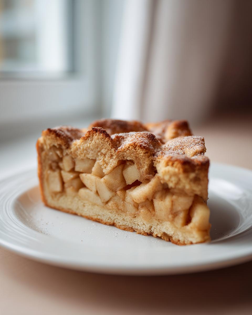 A thick slice of Swedish apple cake, showing chunky baked apples and a crumbly top dusted with sugar.
