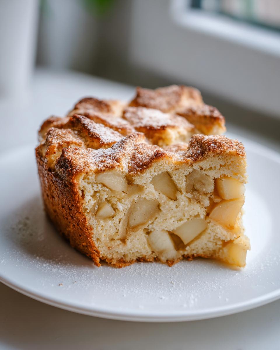A close-up of a moist slice of Swedish apple cake, loaded with apple chunks and dusted with powdered sugar.