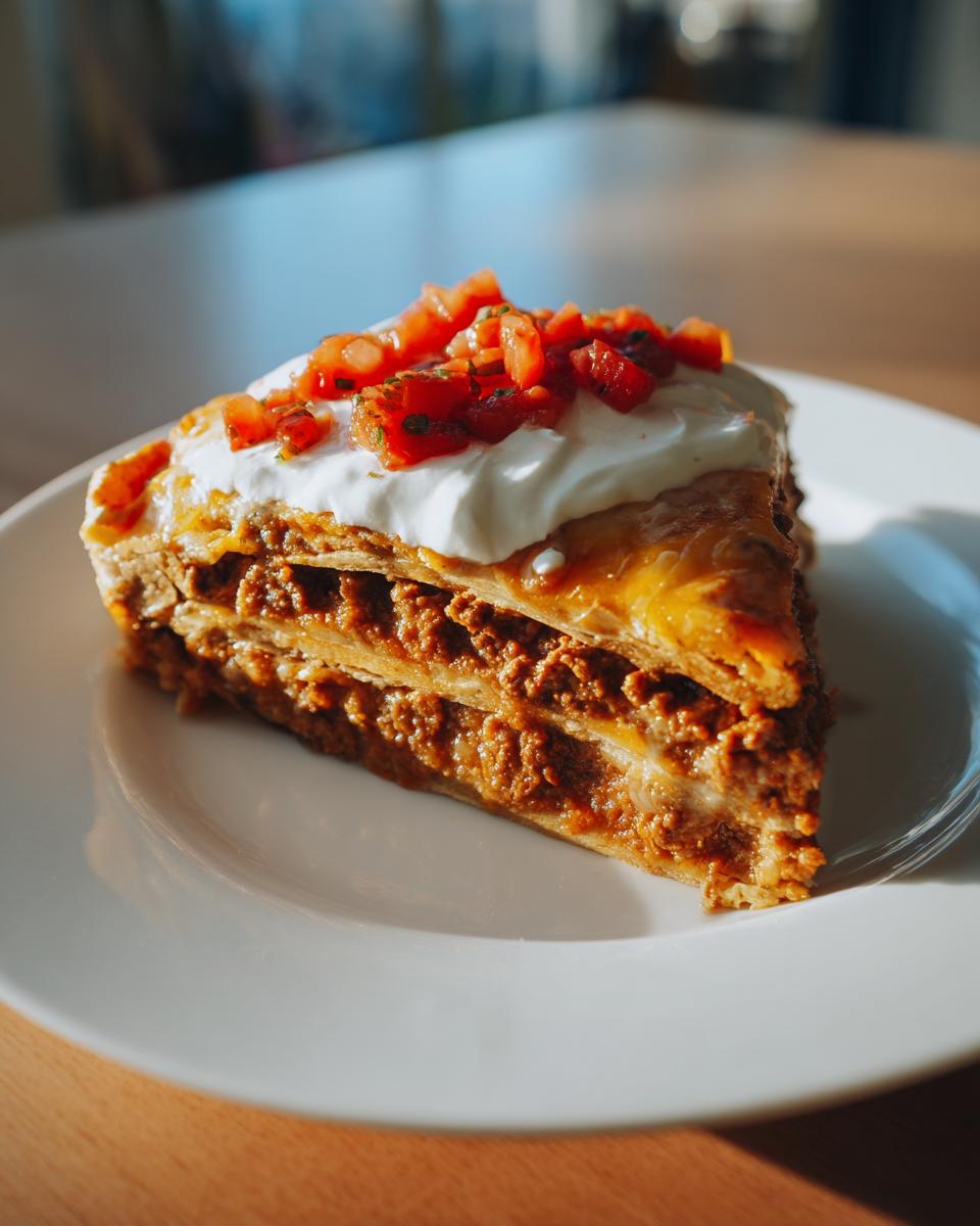 A tall slice of layered taco pie topped with sour cream and diced tomatoes.