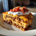 Close-up of a layered slice of taco pie featuring seasoned ground beef, cheese, sour cream, and pico de gallo.