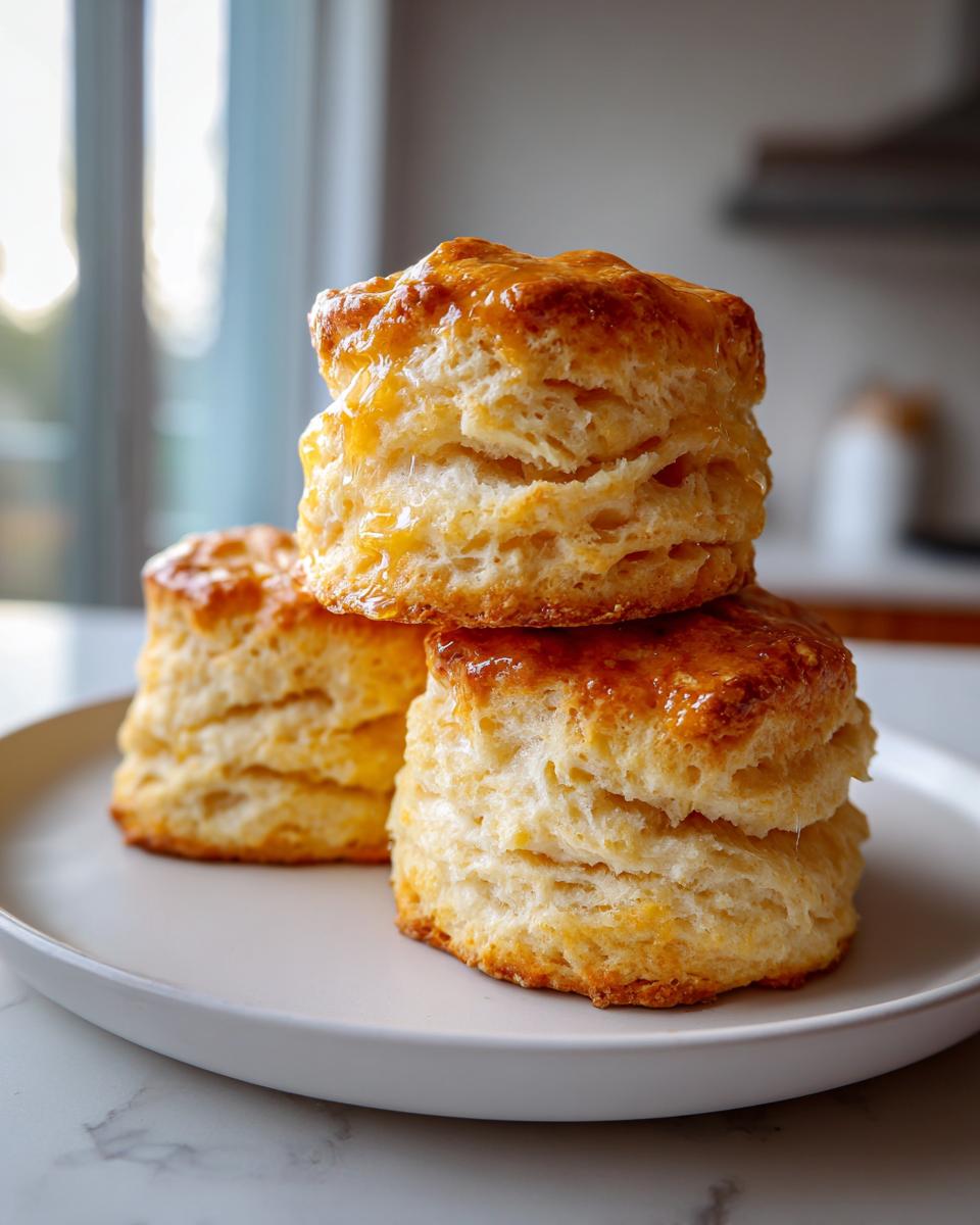 Three tall, flaky buttermilk biscuits stacked on a plate, glistening with a honey glaze.