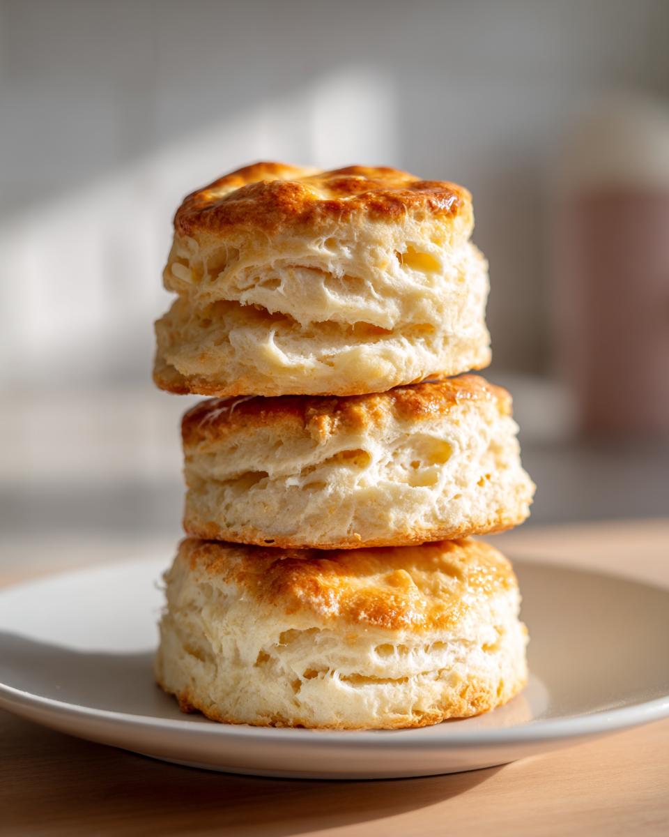 Three tall, flaky buttermilk biscuits stacked on a white plate, showcasing their layers and golden-brown tops.