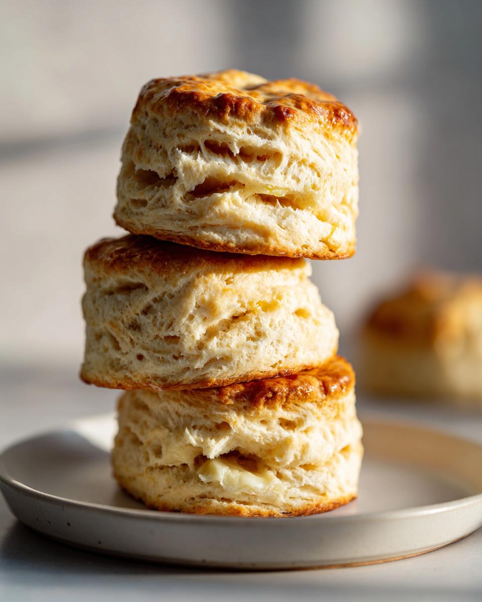 Three tall, flaky buttermilk biscuits stacked on a small plate, showing golden tops and layers.