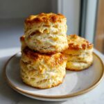 Close-up of three tall, flaky buttermilk biscuits stacked on a white plate, showing golden-brown tops.