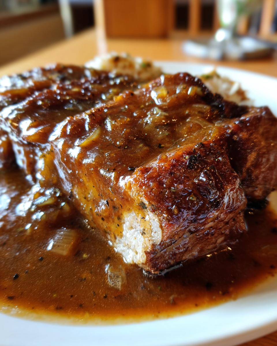 Close-up of a juicy, tender pork steak smothered in a rich brown onion gravy, served on a white plate.