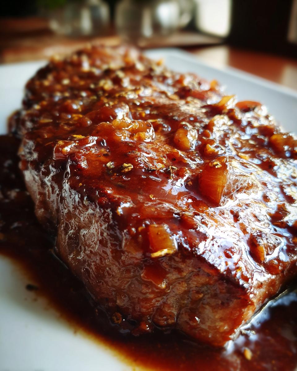 Close-up of a tender pork steak smothered in a thick, dark, savory glaze with visible onion pieces.