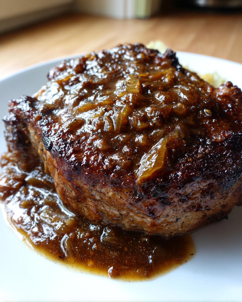 Close-up of a perfectly seared pork steak smothered in a rich, dark onion gravy sauce.