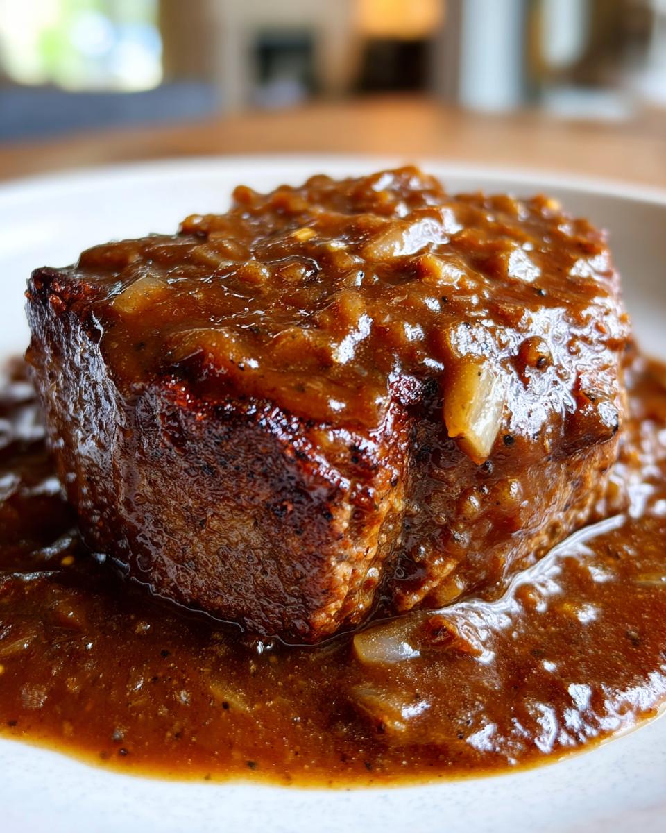 Close-up of a perfectly cooked, thick pork steak smothered in a rich brown onion gravy.