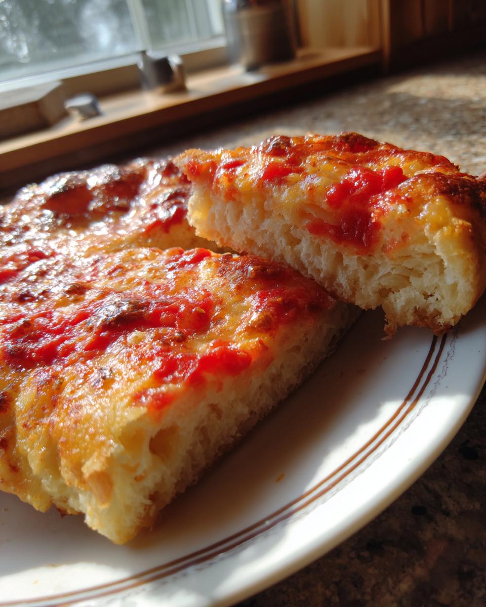 Close-up of thick, fluffy cottage cheese pizza crust slices topped with tomato sauce, showing the airy interior texture.