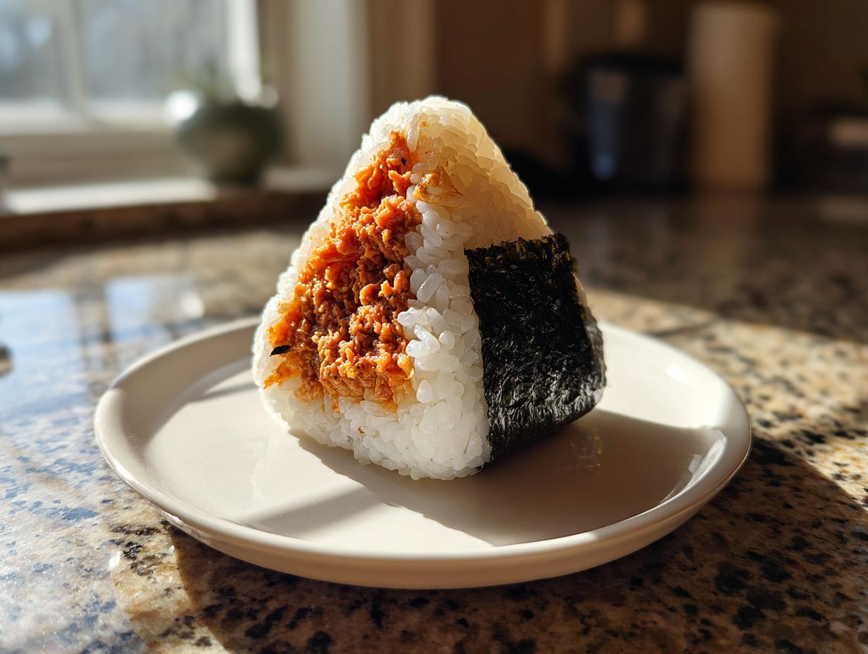 A close-up, sunlit photo of a triangular tuna onigiri with the savory filling exposed, sitting on a white plate.