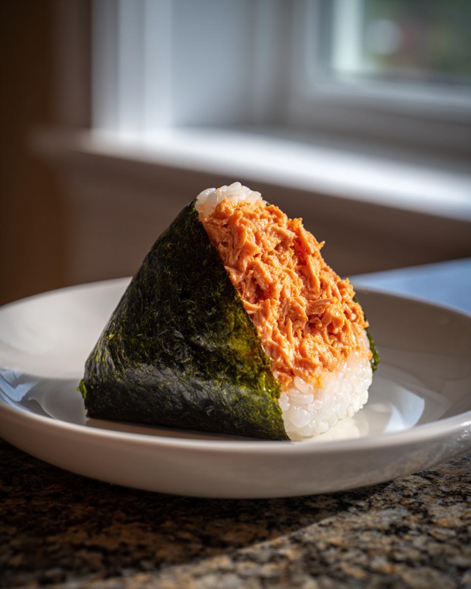 A close-up of a triangular tuna onigiri, showing the spicy tuna filling wrapped in nori seaweed and white rice.