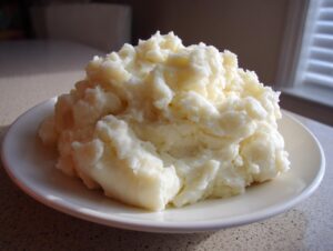 A generous serving of fluffy, creamy mashed potatoes piled high on a white plate.