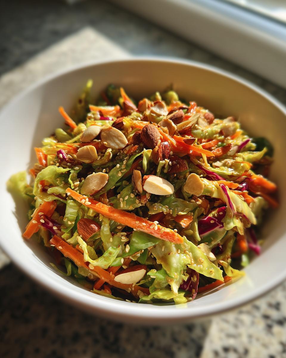 Close-up of a vibrant cabbage salad with shredded carrots, almonds, and sesame seeds, showcasing the fresh cabbage salad.