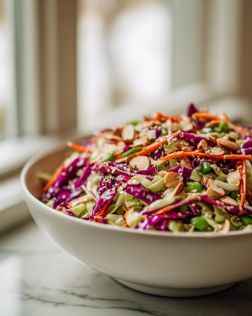 Close-up of a vibrant cabbage salad featuring shredded red and green cabbage, carrots, and topped with sliced almonds.