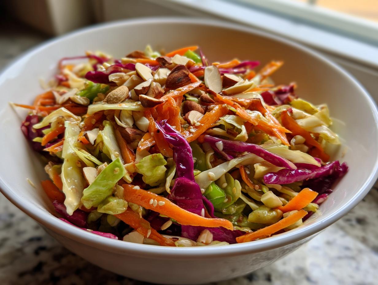 Close-up of a colorful cabbage salad featuring shredded green and red cabbage, carrots, and topped with sliced almonds.