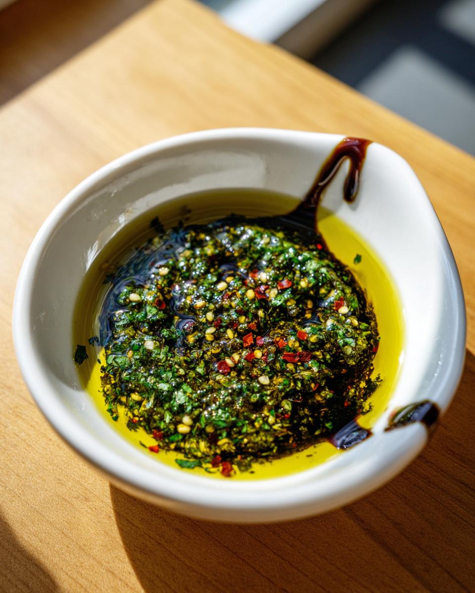 Close-up of a white bowl containing olive oil bread dip mixture with green herbs, red pepper flakes, and balsamic glaze.