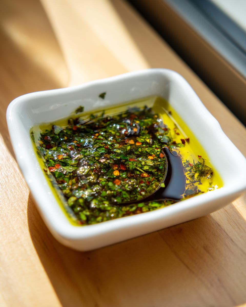 Close-up of a vibrant olive oil bread dip with herbs and red pepper flakes in a small white square bowl.