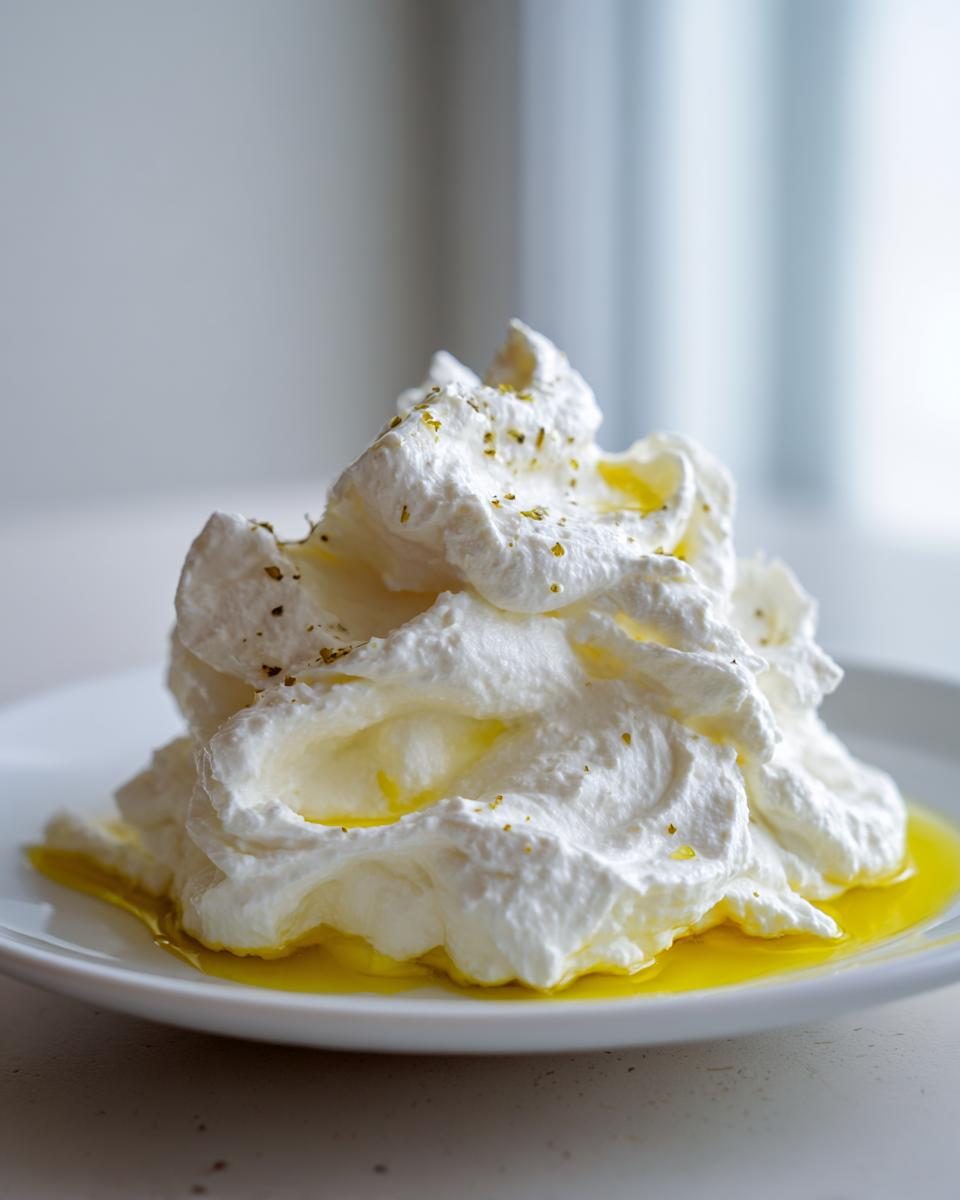 A mound of creamy, fluffy whipped feta dip drizzled generously with golden olive oil and sprinkled with herbs.