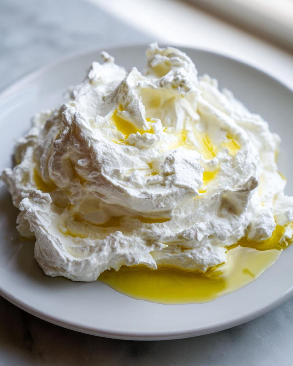 A close-up of fluffy whipped feta dip, swirled high on a white plate and drizzled generously with golden olive oil.