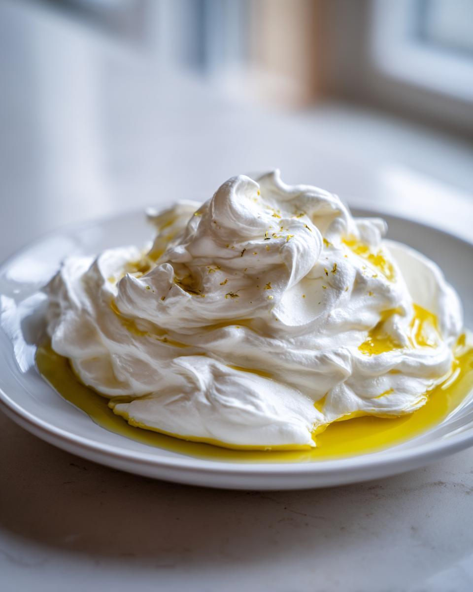 A close-up of fluffy, white whipped feta dip swirled high on a plate, drizzled with golden olive oil and zest.
