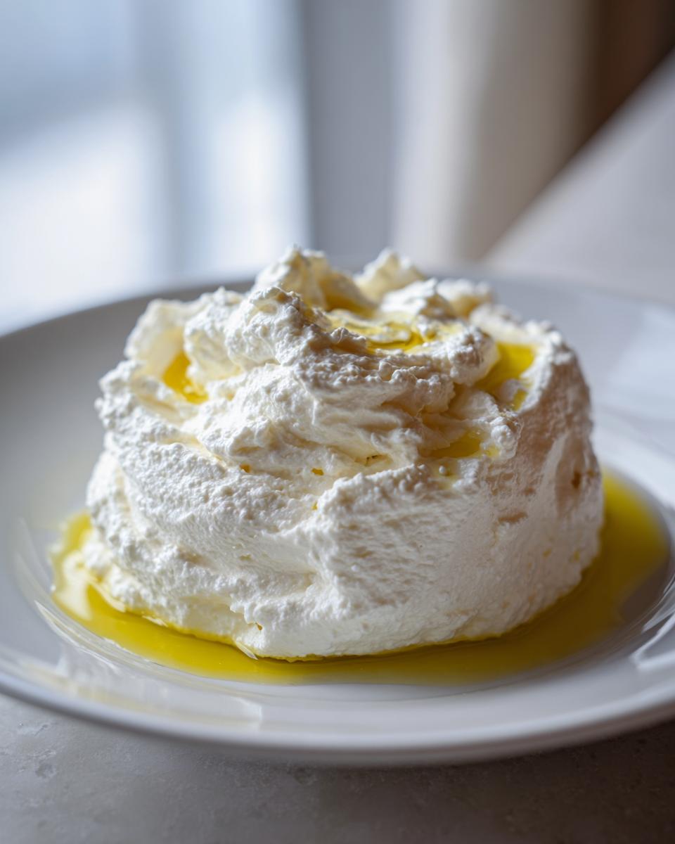 A mound of creamy, fluffy whipped feta dip topped with a drizzle of golden olive oil on a white plate.