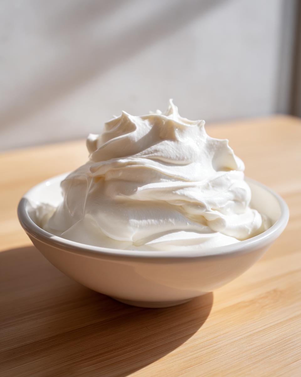 A white bowl filled with a mound of creamy, whipped homemade garlic sauce, sitting on a wooden surface.