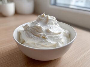 A white bowl filled with thick, creamy white mixture, the base for a homemade garlic sauce.