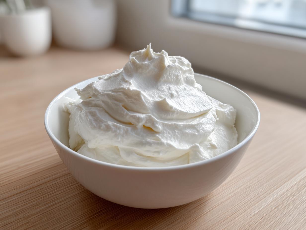 A white bowl filled with thick, creamy white mixture, the base for a homemade garlic sauce.