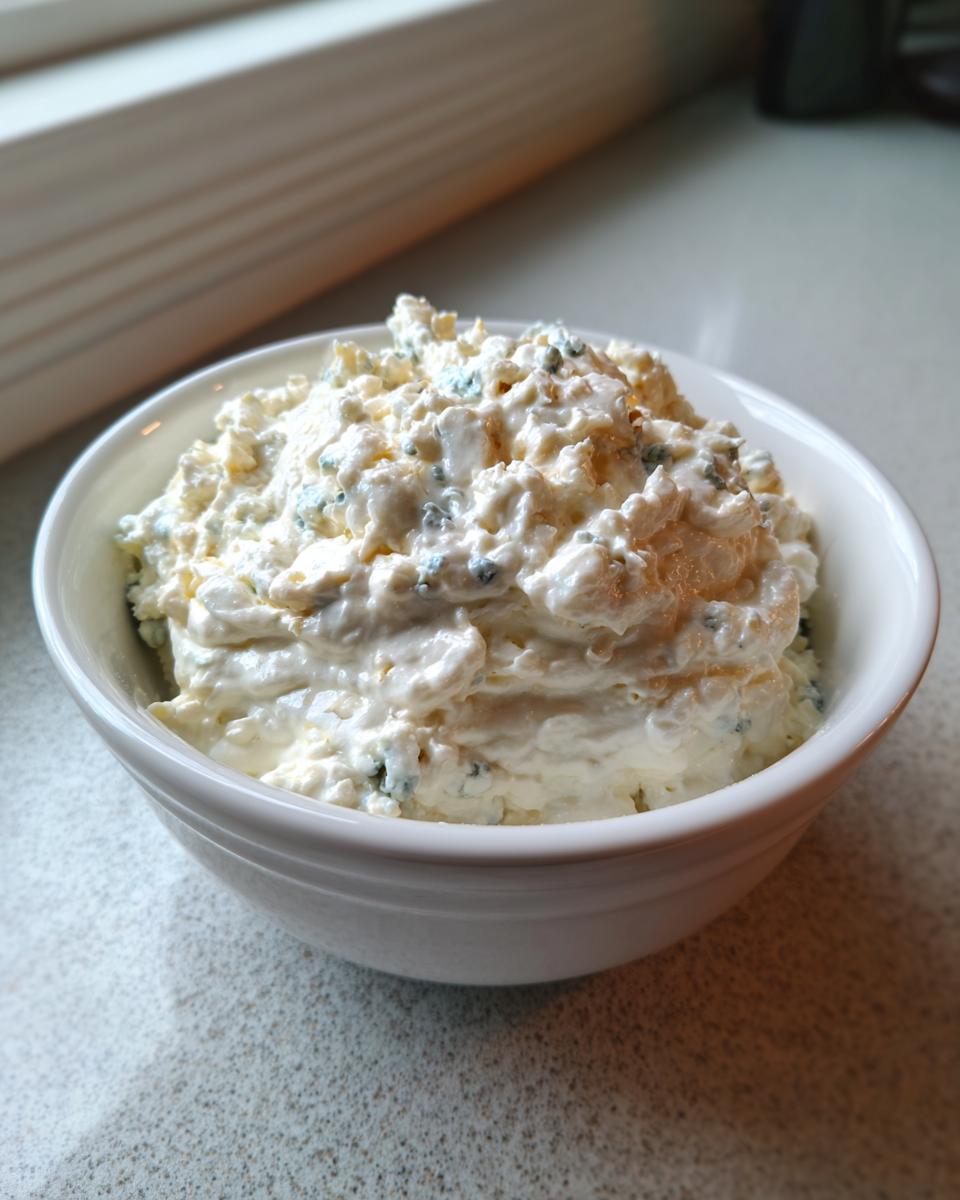 A close-up of chunky, creamy blue cheese dip with visible blue mold pieces in a white serving bowl.