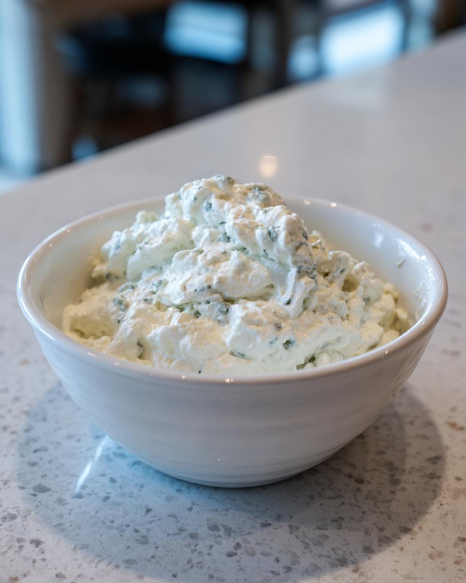 A close-up of chunky, creamy blue cheese dip piled high in a white bowl on a speckled countertop.