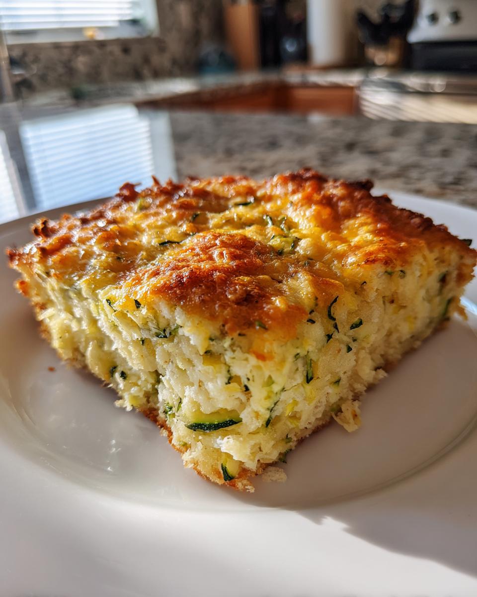A square slice of Addictive Zucchini Casserole showing shredded zucchini and a golden, cheesy crust, served on a white plate.