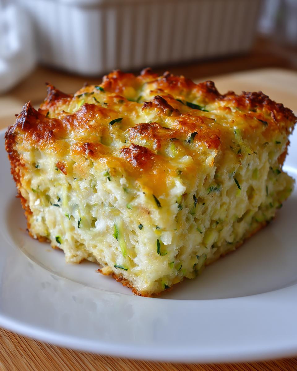 A square slice of Addictive Zucchini Casserole with a golden, cheesy crust, served on a white plate.